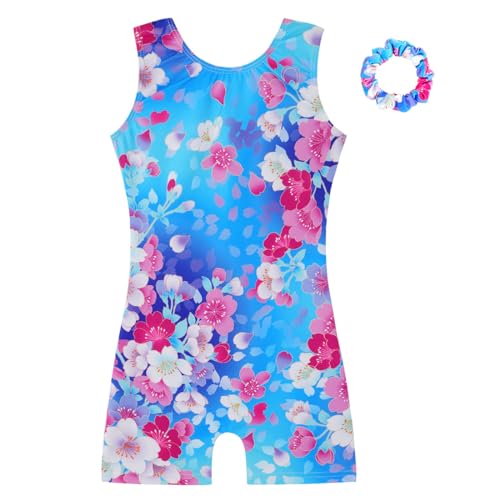 HOZIY Leotards for Girls Gymnastics Toddlers Size 6-7 Years Kids Leo with Scrunchy Tumbling Outfits Floral Flower Blue Hot Pink Biketards