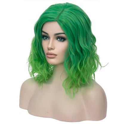 BERON Green Wigs for Women Short Curly Bob Wavy Wig Girls Ombre Green 14" Body Wave Shoulder Length Hair Wig Heat Resistant Synthetic Halloween Cosplay Daily Party Wigs