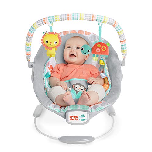 Bright Starts Comfy Baby Bouncer Soothing Vibrations Infant Seat - Taggies, Music, Removable -Toy Bar, 0-6 Months Up to 20 lbs (Whimsical Wild)