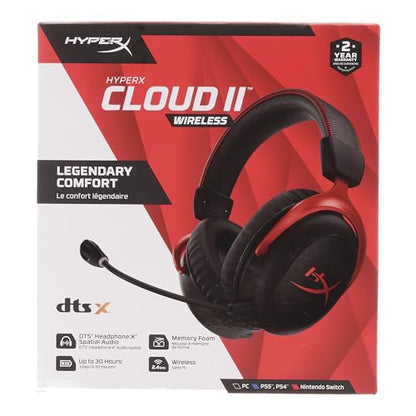 HyperX Cloud II Wireless - Gaming Headset for PC, PS5, PS4, Long Lasting Battery Up to 30 Hours, DTS Headphone:X Spatial Audio, Memory Foam, Detachable Noise Cancelling Microphone with Mic Monitoring