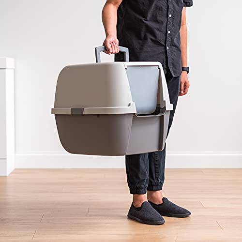IRIS USA Cat Litter Box with Front Door Flap and Scoop, Covered Kitty Box with Handle and Buckles for Portability and Privacy, Dark Gray