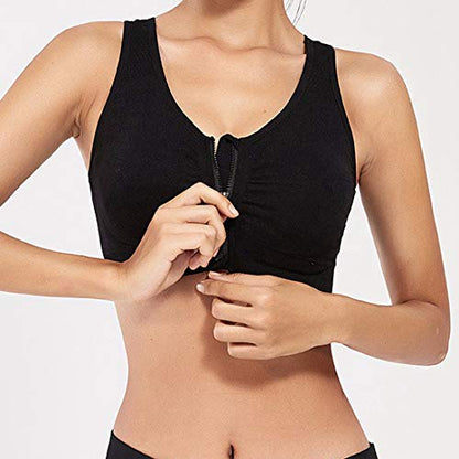 INIBUD Women's Zip Front Sports Bra Racerback Post Surgery Wirefree Seamless Removable Pads Yoga Plus Size Workout Fitness Running (Black, Small)
