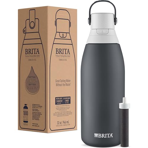 Brita Stainless Steel Premium Filtering Water Bottle, BPA-Free, Reusable, Insulated, Replaces 300 Plastic Water Bottles, Filter Lasts 2 Months or 40 Gallons, Includes 1 Filter, Carbon - 32 oz