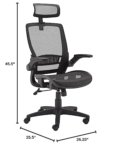 Amazon Basics Ergonomic High-Back Desk Chair, Comfortable Flip-Up Armrests, Contoured Mesh Seat, Swivel, Black, 25.5"D x 26.25"W x 49.25"H