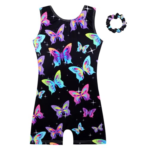 HOZIY 5t Leotards for Girls Gymnastics With Shorts Scrunchies Size 5-6 Years Black Rainbow Multicolored Butterfly Kids Biketard Outfits
