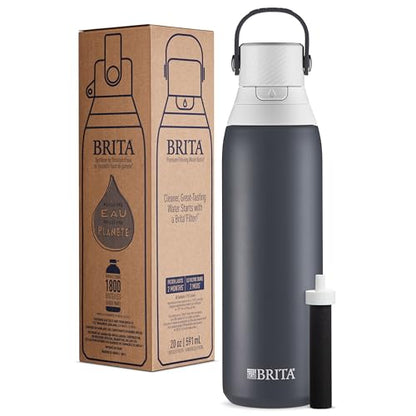 Brita Stainless Steel Premium Filtering Water Bottle, BPA-Free, Reusable, Insulated, Replaces 300 Plastic Water Bottles, Filter Lasts 2 Months or 40 Gallons, Includes 1 Filter, Carbon - 20 oz
