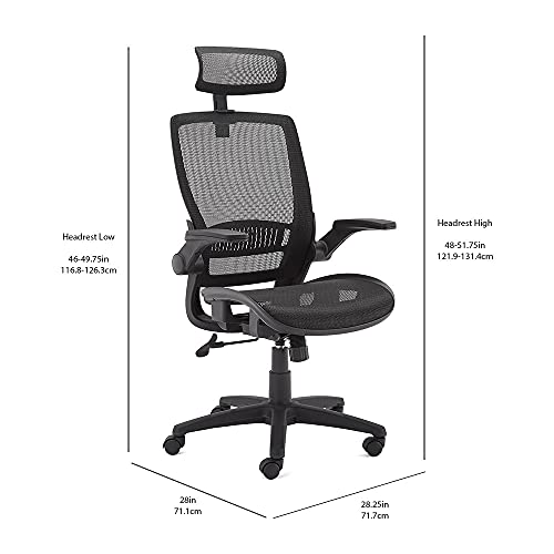 Amazon Basics Ergonomic High-Back Desk Chair, Comfortable Flip-Up Armrests, Contoured Mesh Seat, Swivel, Black, 25.5"D x 26.25"W x 49.25"H
