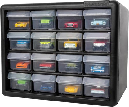 Akro-Mils 16-Drawer Plastic Drawer Storage Cabinet for Garage Organization, Beads, Makeup Organizer, Building Bricks Storage, Teacher Toolbox, 10-1/2-Inch W x 6-1/2-Inch D x 8-1/2-Inch H, 10116 Black