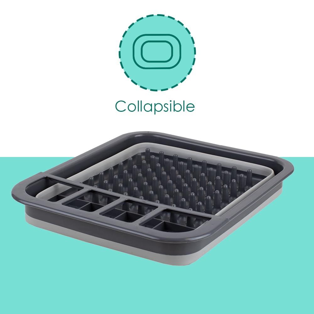 Home Basics Silicone and Plastic Easy Storage Collapsible Dish Rack with Cutlery Holder (Grey)