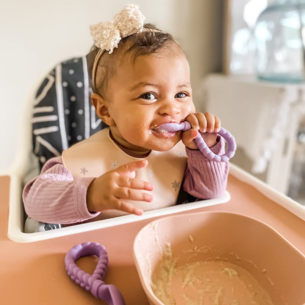 Itzy Ritzy Silicone Spoon & Fork Set; Baby Utensils Featuring a Baby Fork and Spoon with Looped, Braided Handles - Made of 100% Food Grade Silicone & BPA-Free - Ages 6 Months and Up (Amethyst/Purple)