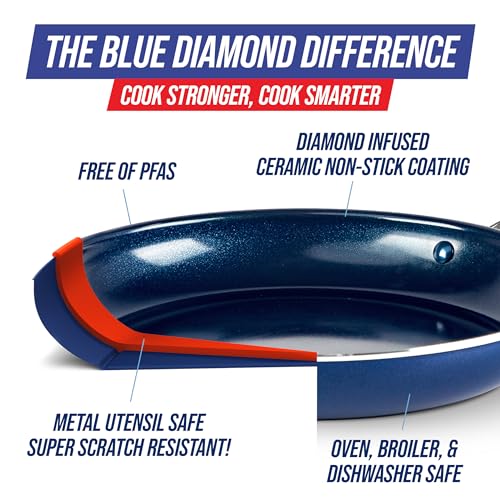 Blue Diamond 8" Nonstick Frying Pan Skillet, Diamond Infused PFAS & PTFE-Free Ceramic Pot, Dishwasher & Oven Safe, Stay Cool Handle, Durable Non Toxic Metal Utensil Safe, Egg & Omelet Pan, Blue