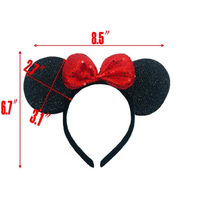 winvin Set of 24 Mouse Costume Deluxe Fabric Ears Headband Red Bow Boys Girls Birthday Party Hairs Accessories Baby Shower Headwear Halloween Favors Decorations (Sequin Black and Red)