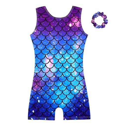 HOZIY 5t Gymnastics Leotards for Girls Clothes 5-6 Years with Shorts Scrunchies Biketard Clothes Outfits Kids Toddler Ombre Blue Purple Mermaid