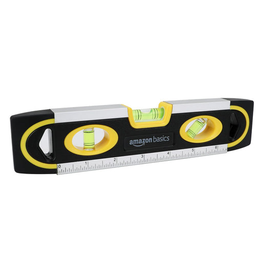 Amazon Basics 9-Inch Magnetic Torpedo Level and Ruler, 180/90/45 Degree Bubbles, Black