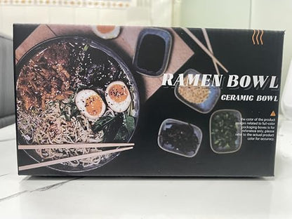 8-Inch Ceramic Ramen Bowl Set of 2 (9 Piece) - Porcelain Japanese Salad Noodles Cereal Fruit Pasta Soup Large Bowls with Recipes Chopsticks Forks Spoons for Men Women Gift Microwave & Dishwasher Safe