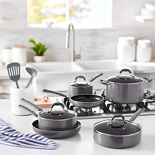 Amazon Basics Ceramic Non-Stick 12-Piece Cookware Set, Gray - Pots, Pans and Utensils