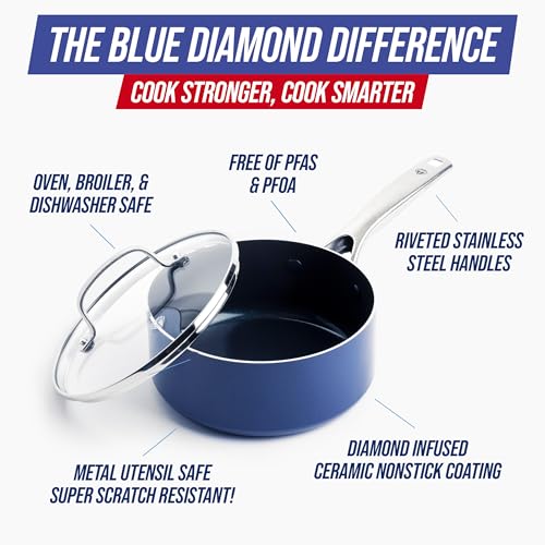 Blue Diamond Nonstick 2QT Saucepan with Lid, Non Toxic PFAS-Free Diamond Ceramic, Dishwasher & Oven Safe, Metal Utensil Safe Pot, Stay Cool Handle, Chef Pan, Glass Lid, Blue
