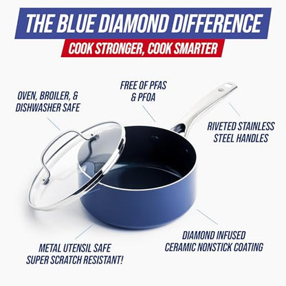 Blue Diamond Nonstick 2QT Saucepan with Lid, Non Toxic PFAS-Free Diamond Ceramic, Dishwasher & Oven Safe, Metal Utensil Safe Pot, Stay Cool Handle, Chef Pan, Glass Lid, Blue