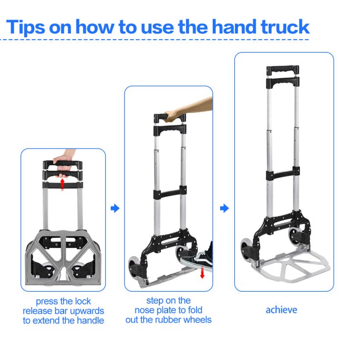 HBFBDRCT Folding Hand Truck, 165lbs Capacity Lightweight Portable Dolly with 2 TPR Silent Wheels for Home, Office, and Travel Use - Heavy Duty Utility Cart for Shopping