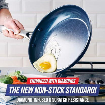 Blue Diamond 8" Nonstick Frying Pan Skillet, Diamond Infused PFAS & PTFE-Free Ceramic Pot, Dishwasher & Oven Safe, Stay Cool Handle, Durable Non Toxic Metal Utensil Safe, Egg & Omelet Pan, Blue