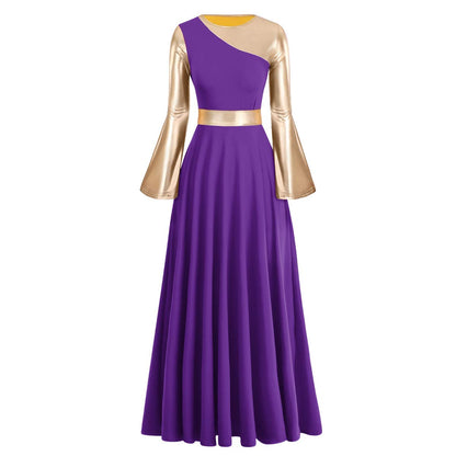 IBAKOM Women Adult Metallic Gold Color Block Long Sleeve Praise Dance Worship Robe Dress Loose Fit Full Length Liturgical Tunic Circle Skirt Lyrical Dancewear Swing Gowns Ballet Costume Purple-Gold L