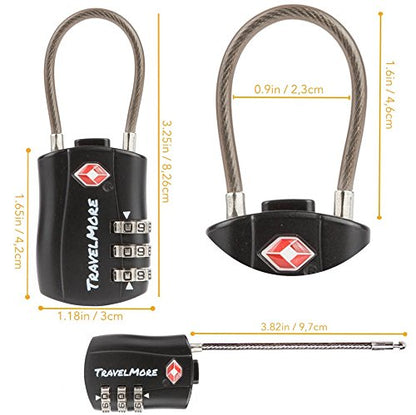 4 Pack TSA Approved Travel Combination Cable Luggage Locks for Suitcases & Backpacks - Black
