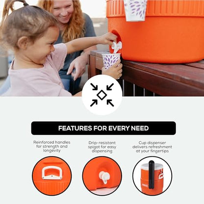 Igloo 10 Gallon Portable Sports Cooler Water Beverage Dispenser with Flat Seat Lid, Insulated Beverage Dispenser, Orange/White