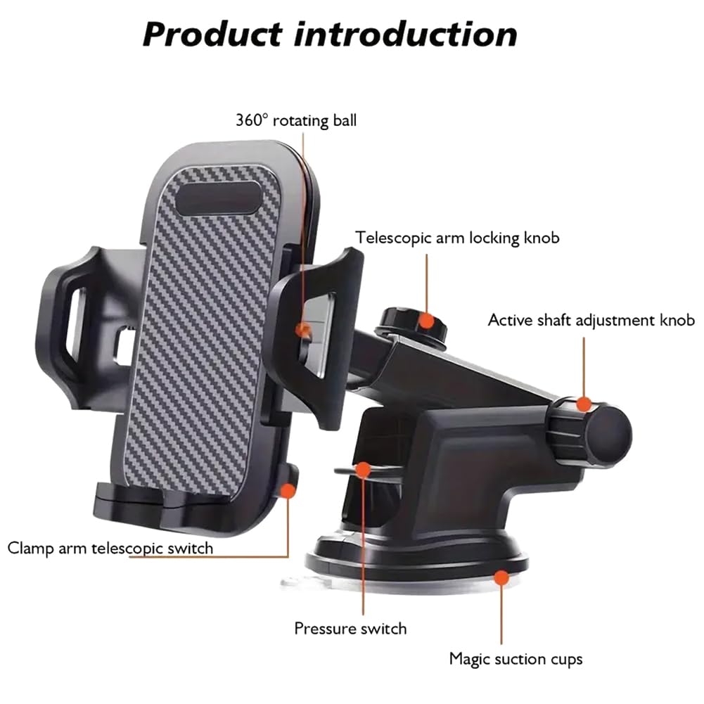 3-in-1 Car Phone Holder, Strongest Suction and Stable Clamp Arm, 360° Adjustable Cell Phone Holders for Car Dashboard Air Vent Windshield, Fits Smartphones (Black)