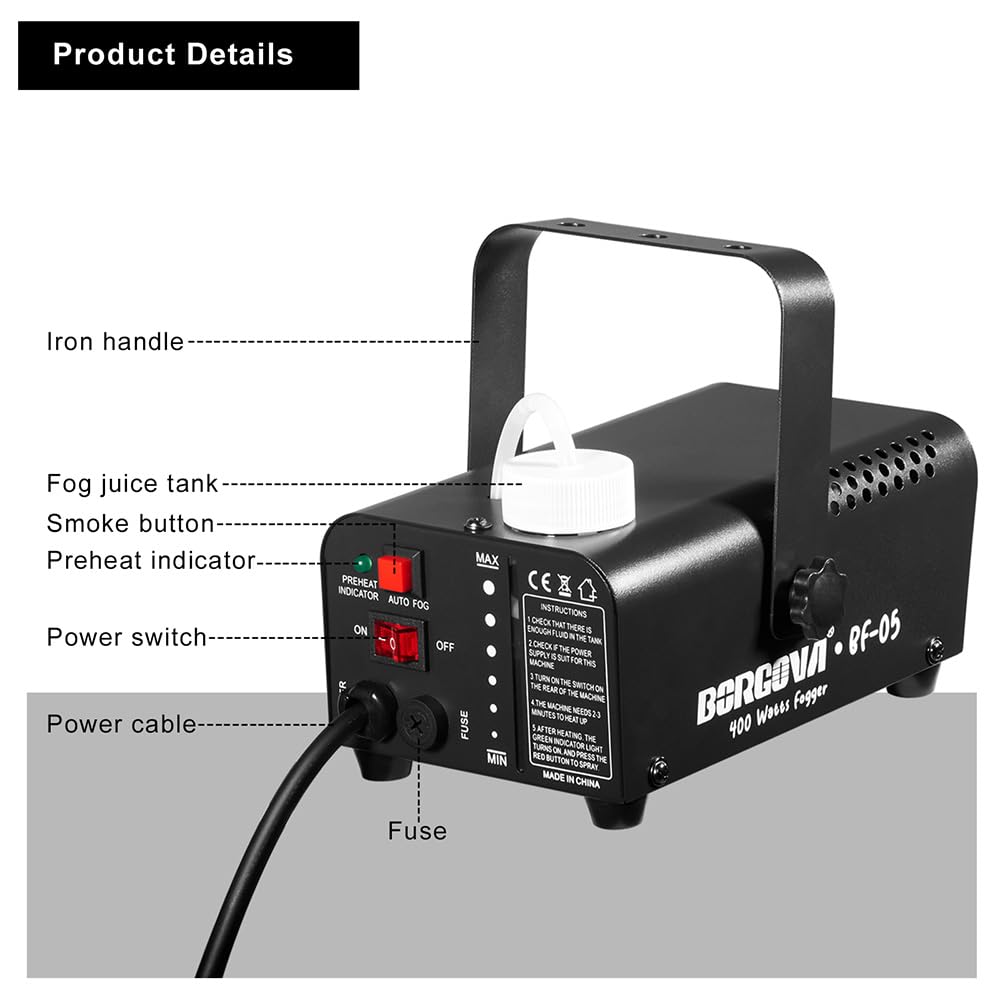 BORGOVA Fog Machine, Small Smoke Machine for Parties Halloween Stage, Auto Mode 400 Watts