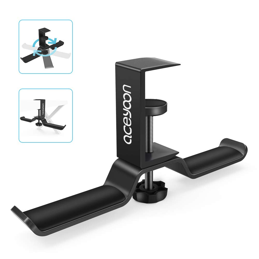 aceyoon Headphone Stand, Under Desk Hanger, Dual Headset Holder, Table Hook for Bag/Backpack/Gaming Headphone, 360 Rotatable, Black