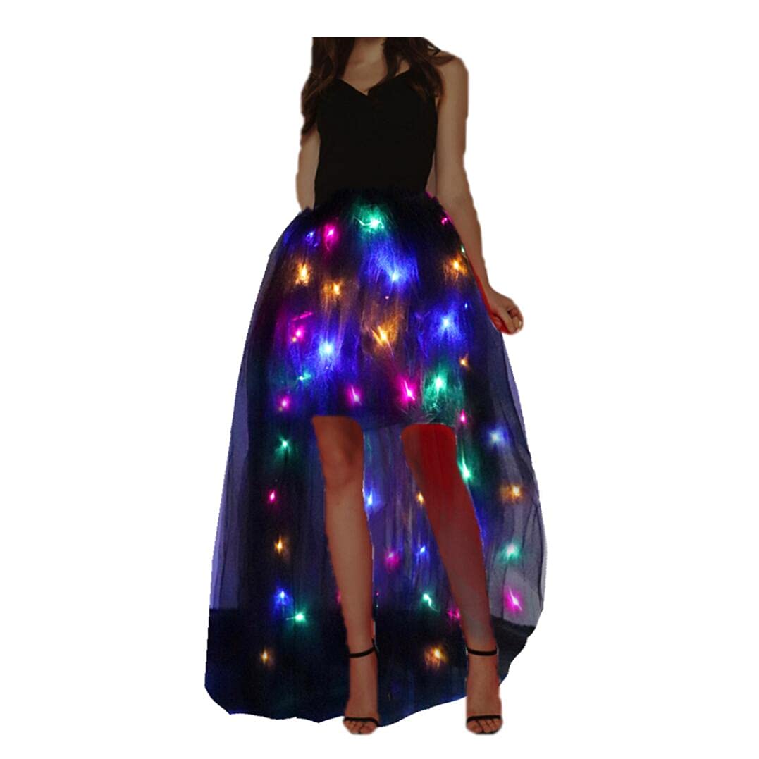 Women Tulle Tutu Skirts Adult High Low Tulle Skirts Skirt LED Light Up Wedding Skirt Costumes Halloween (Black Trailing, Long XXL)