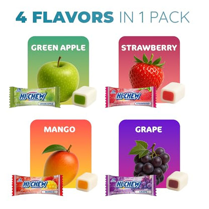 HI-CHEW Assorted Bulk Candy Bag, Green Apple Strawberry Mango Grape, Soft & Chewy Candy 2.2lb - 185+ Pieces Individually Wrapped - Made with Immensely Juicy Fruity Flavors