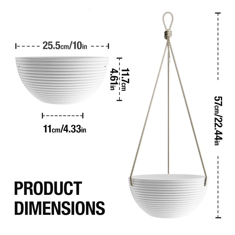 Asnext Line Pattern 10 Inch Hanging Planter for Indoor Outdoor Plants, 2 Pack Round Hanging Pots for Plants (White)
