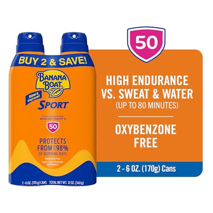 Banana Boat Sport Ultra SPF 50 Sunscreen Spray | Banana Boat Sunscreen Spray SPF 50, Water Resistant, Oxybenzone-Free, Sunblock, 6oz each Twin Pack