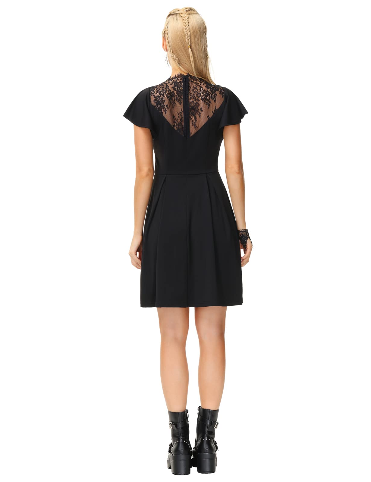 Womens Gothic Dress Lace Neck Flutter Sleeve Swing A-line Midi Dresses Black XL