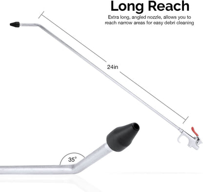 Hiltex 31111 Long Reach Pneumatic Air Blow Gun | 24” Length | 1/4" NPT Air Inlet | Angled Aluminum Nozzle with Pistol Grip Trigger | Rubber Tip
