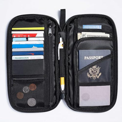 Amazon Basics RFID-blocking Passport Wallet, Passport Holder for Travel, 100% Nylon Material with Durable Zipper Closure, Zippered Pockets, Slots for Cards, 10"x5", Black, Solid