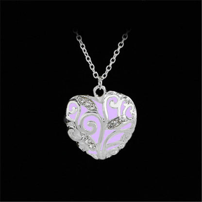 Aimimier Luminous Heart Necklace Halloween Fluorescent Stone Necklace Glow in The Dark Accessories for Women (Purple)