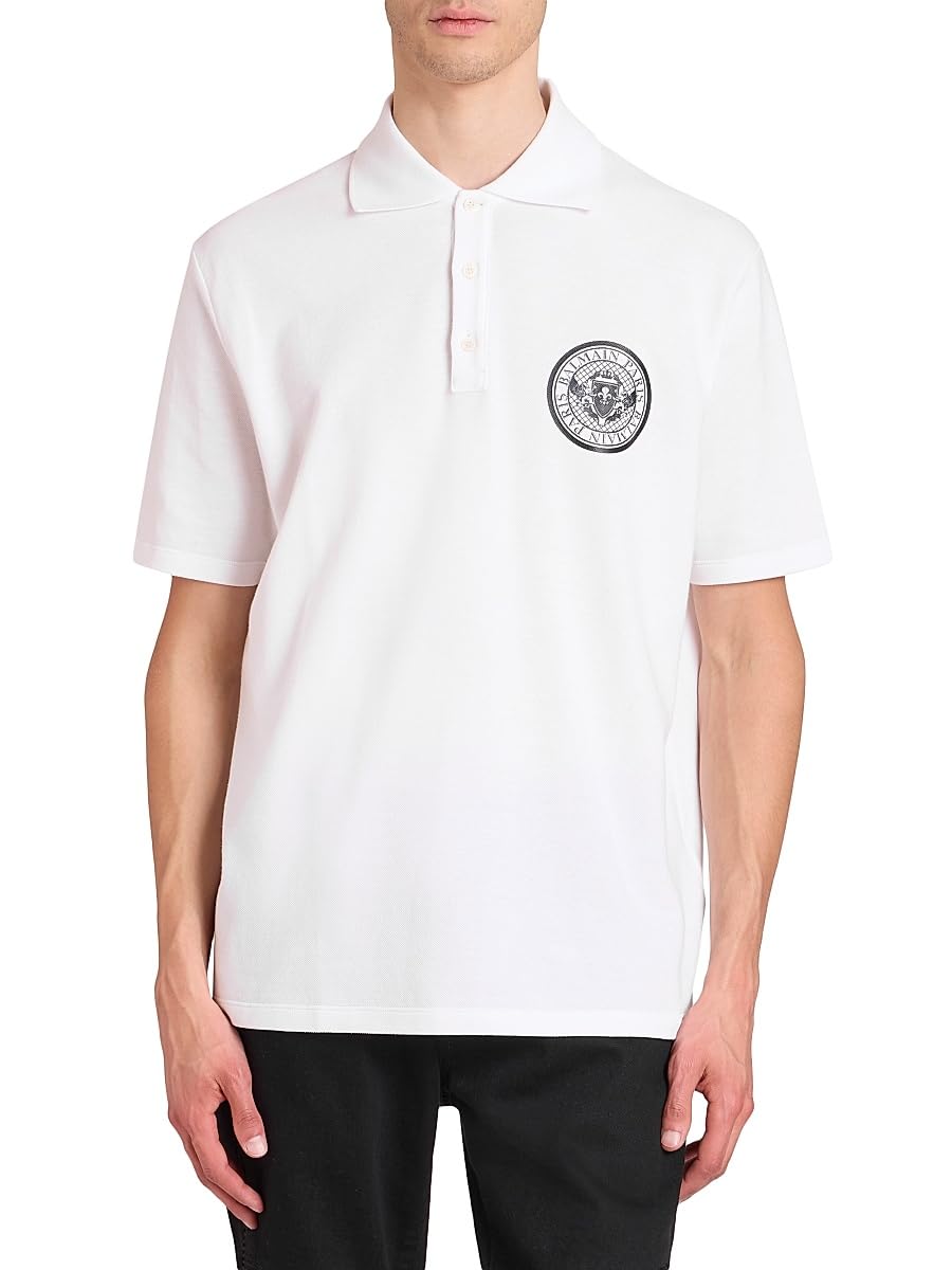 Balmain, Small Coin Cotton Polo Shirt, Medium, Blanc Noir