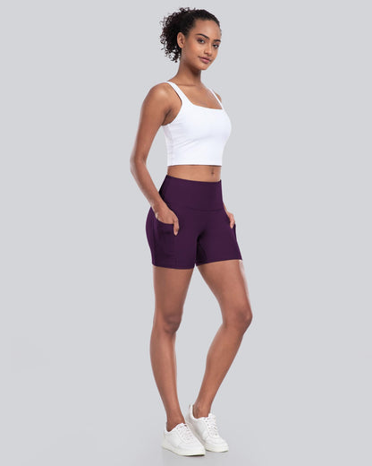 Womens Biker Yoga Shorts with Pocket, High Waisted Tummy Control 5 Inch Workout Spandex Athletic Gym Shorts(Purple,M)