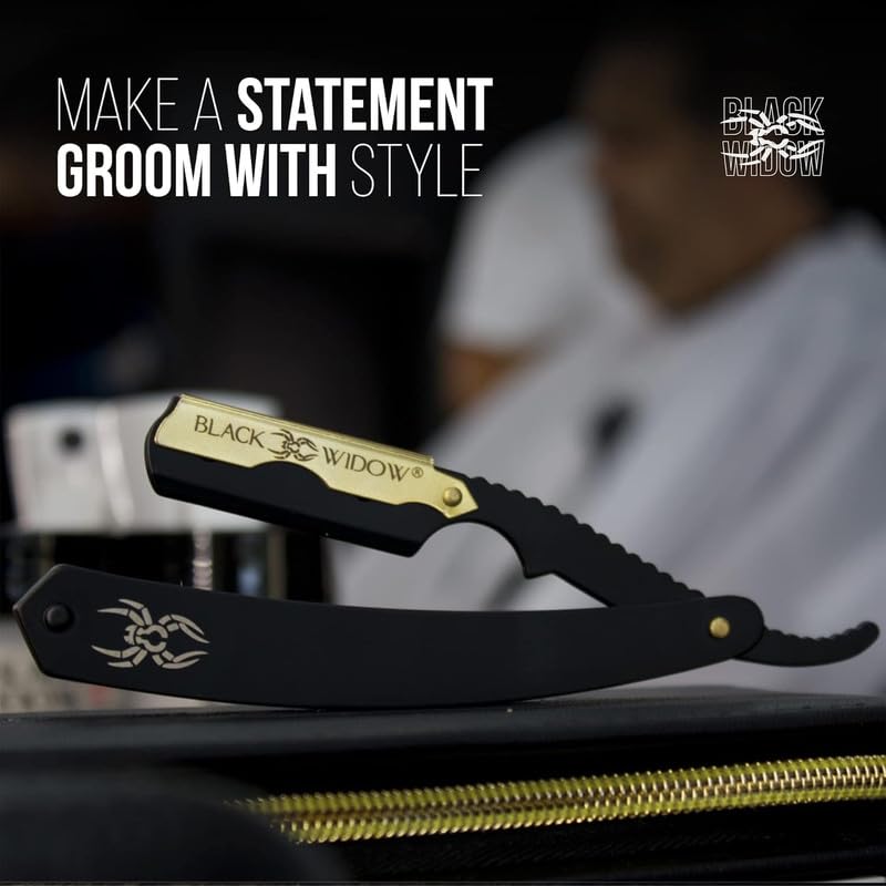 Black Widow Razor, Professional Straight Razor for Men, Safety with 10 Pack Blades (1.5mm Exposure) (Gold)