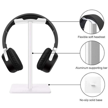 Headphone Stand Headset Holder Gaming Headset Holder with Aluminum Supporting Bar Flexible Headrest Anti-Slip Earphone Stand for All Headphones, White