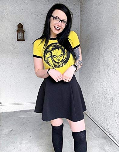 Womens Crop Tops Summer Casual Short Sleeve Goth Halloween Graphic Cropped T Shirts (Yellow Chunky Doll 008,S)