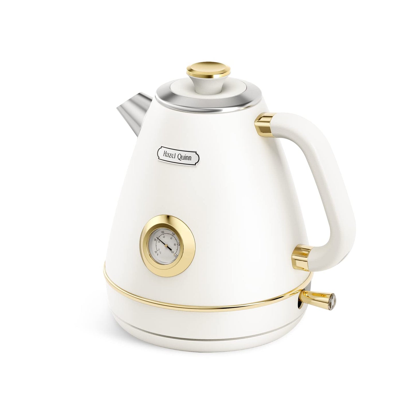 Hazel Quinn Retro Electric Kettle - 1.7 Liters / 57.5 Ounces Tea Kettle with Thermometer, All Stainless Steel, 1200 Watts Fast Boiling, BPA-free, Cordless, Automatic Shut Off - Pearl White