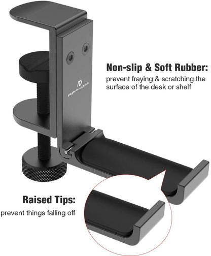 APPHOME Foldable Headphone Stand Hanger Holder, Space-Saving Aluminum Soundbar Stand with Universal Fit for Gaming PC Accessories, Under Desk Clamp Hook Mount (Black-2PC)