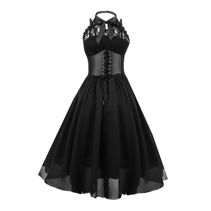 Women's Sleeveless Gothic Lace Dress with Corset Halter Lace Swing Cocktail Dress Black