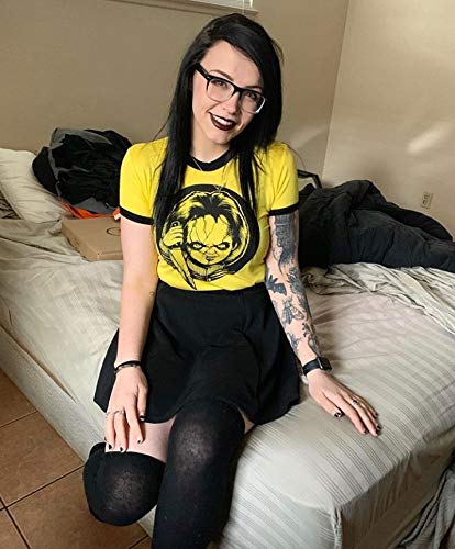 Womens Crop Tops Summer Casual Short Sleeve Goth Halloween Graphic Cropped T Shirts (Yellow Chunky Doll 008,S)