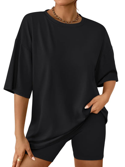 AUTOMET Women Workout 2 Piece Sets Summer Outfits 2025 Fashion Two Piece Lounge Set Matching Clothing Oversized Shirts Biker Short Tracksuit Black L