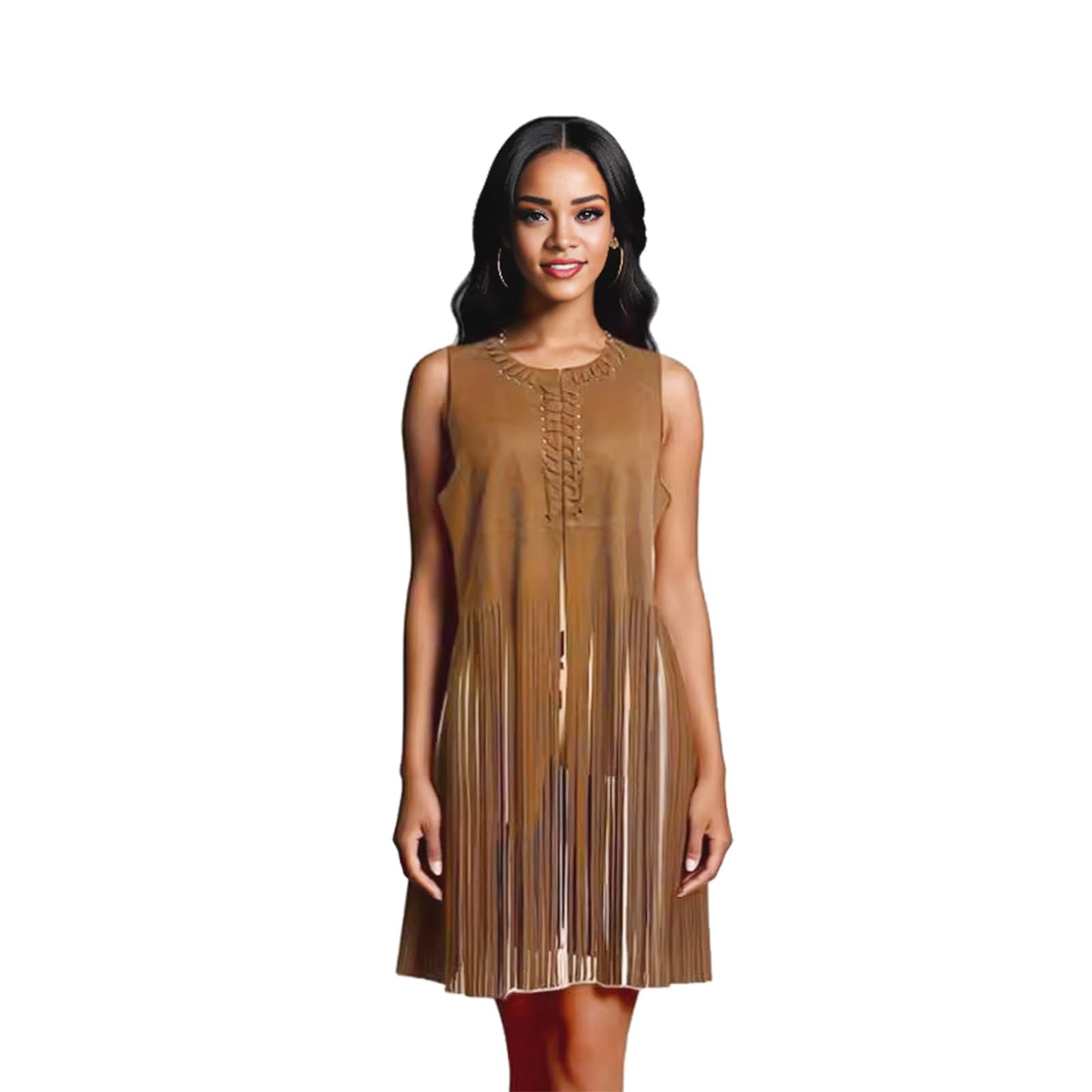 Women's Fringe Vest 70s Hippie Costume Faux Suede Sleeveless Tassel Long Cardigan Jacket Cowgirl Western Tops Halloween Khaki