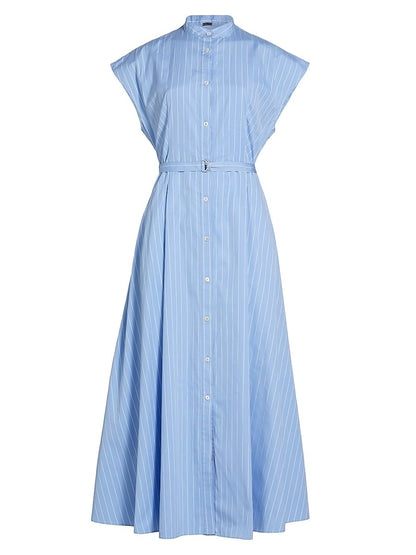 Adam Lippes, Dejeuner Poplin Belted Shirtdress, 6, Pale Blue White